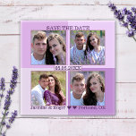 Íman Lavanda Lilac Sua Imã salve a data de 4 Fotografia<br><div class="desc">Imã salve a data com suas próprias 4 fotos enquadradas por um plano lilático e fundo colorido de lavanda.</div>