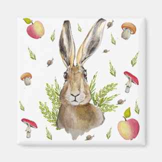 Íman Lebre branca com fundo de maçãs e cogumelos