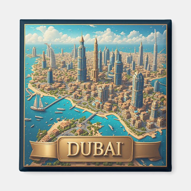 Íman 🧲 Lembrança de Férias do Horizonte de Dubai 🌇 (Frente)