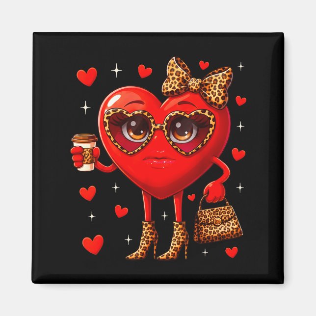 Íman Leopard Heart Drinking Coffee Valentines Day Women (Frente)