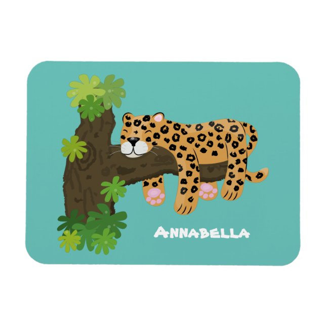 Íman Leopardo bonito dormindo em desenho animado de árv (Horizontal)