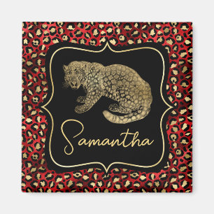 Íman Leopardo Dourado e Impressão de Leopardo Vermelho