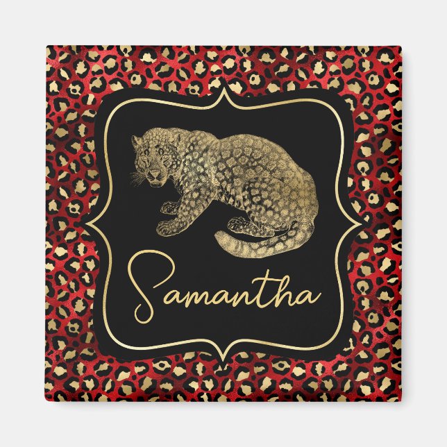 Íman Leopardo Dourado e Impressão de Leopardo Vermelho (Frente)