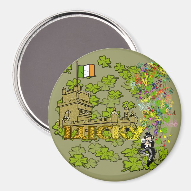 Íman Leprechaun Sortudo e Seu Castelo Irlandês (Front/Back)