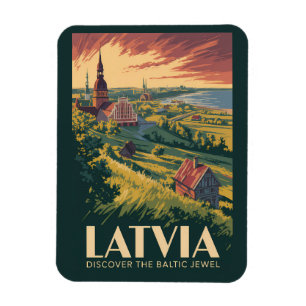 Íman Letônia Ilustração Mar Báltico Arte Viagem Vintage