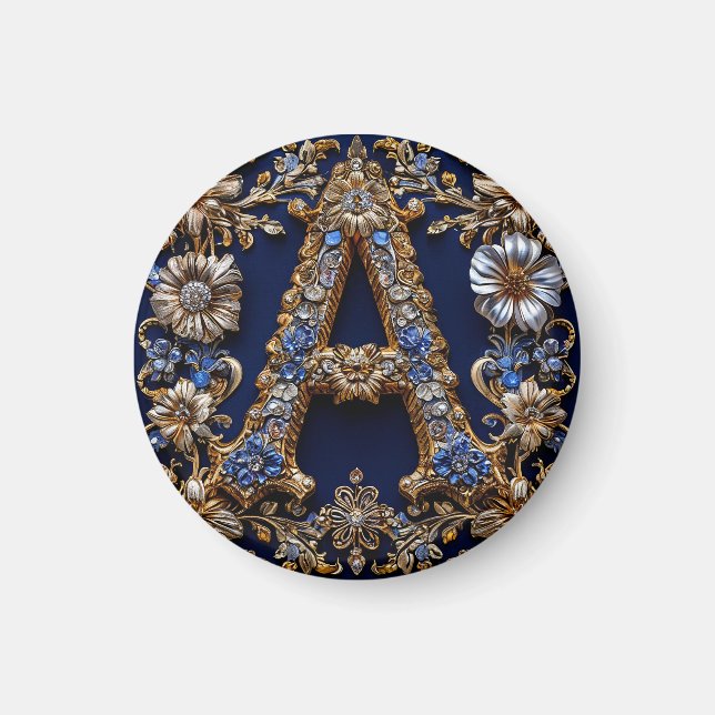 Íman Letra "A" Dourada Elegante Com Decoração Floral Or (Frente)