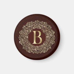 Íman Letra B elegante em dourado e damasco vermelho Mon