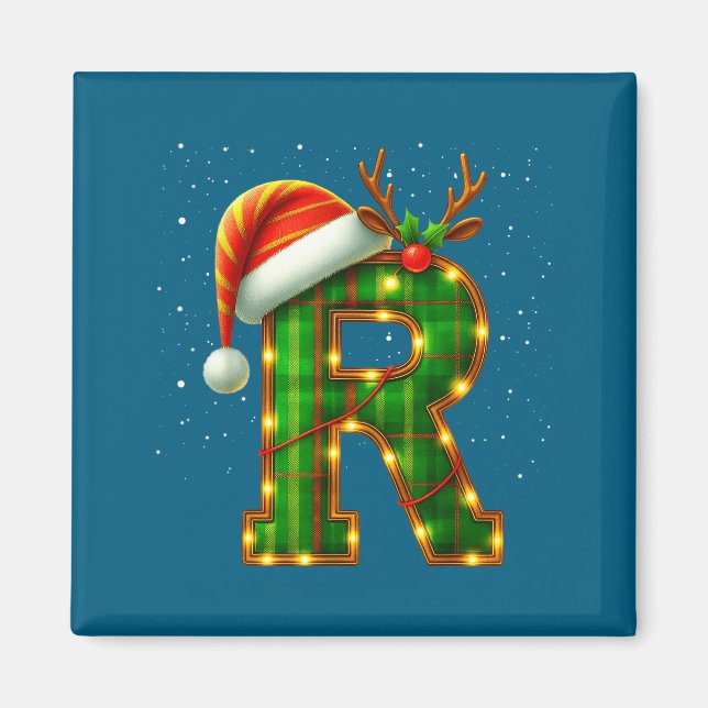 Íman Letra R Natal Xadrez Chapéu do Papai Noel Monogram (Frente)