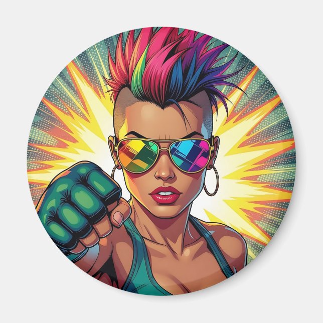 Íman LGBT Lésbica Mohawk Uppercut Pop Art (Frente)