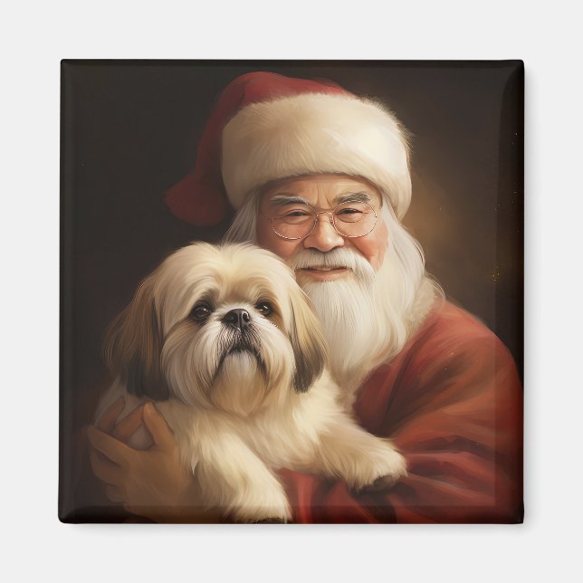 Íman Lhasa Apso Com Papai Noel Natal Festivo (Frente)