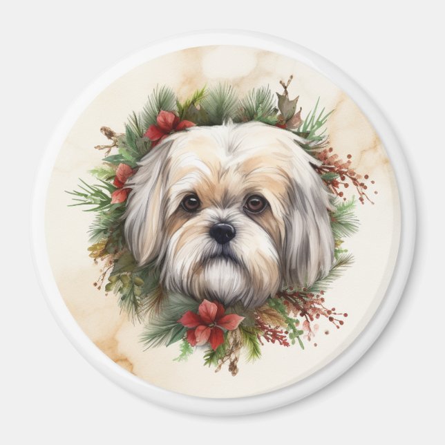 Íman Lhasa Apso Grinalda de Natal Cachorrinho Festivo (Frente)
