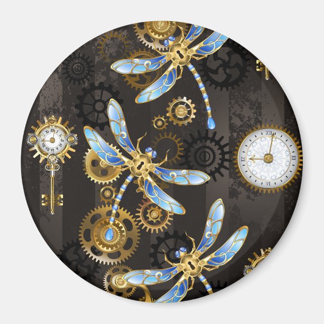 Íman Libélulas Steampunk em fundo listrado marrom (Frente)