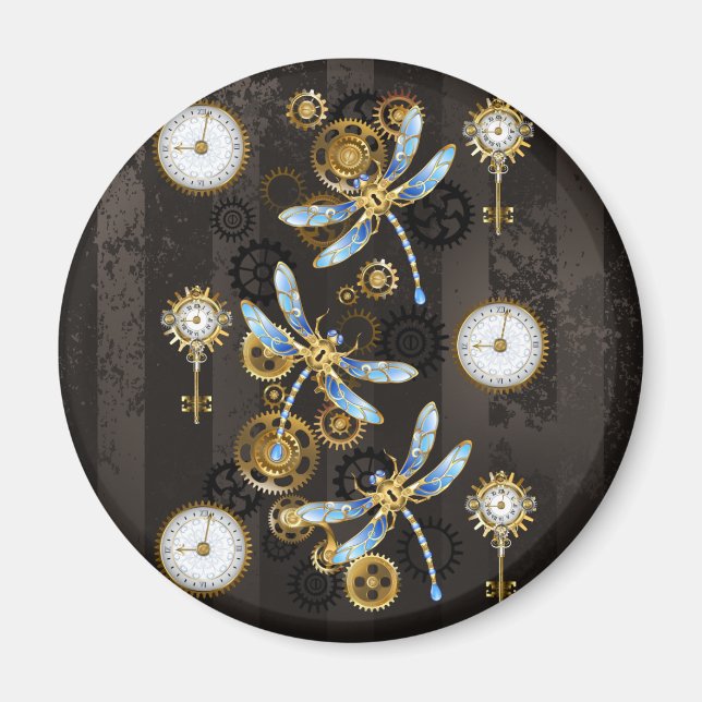 Íman Libélulas Steampunk em fundo listrado marrom (Frente)