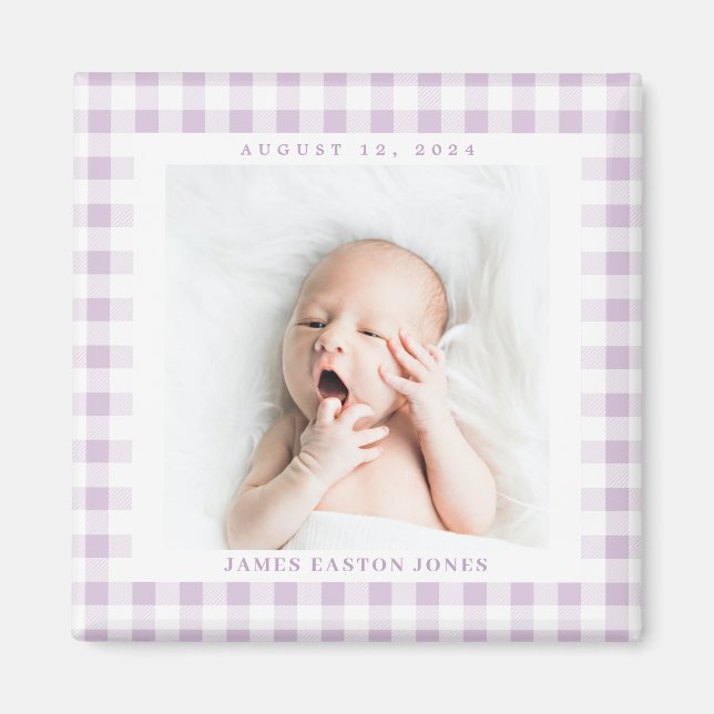 Íman Lilac Gingham Check Baby Birthdate Magnet (Frente)