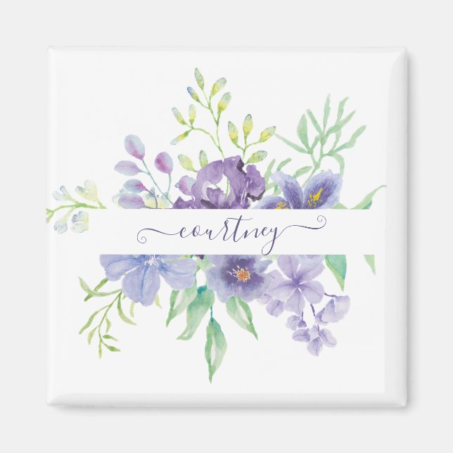 Íman Lilás floral personalizado aquarela (Frente)
