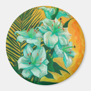 Íman Lily e Palm, arte floral, branca, amarelo e verde