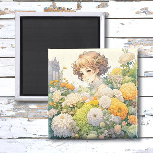 Íman Linda Garota de Anime em Flores Amarelas e Brancas