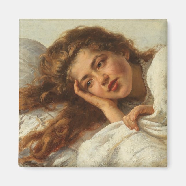 Íman Linda garota deitada na cama com cabelo vermelho (Frente)