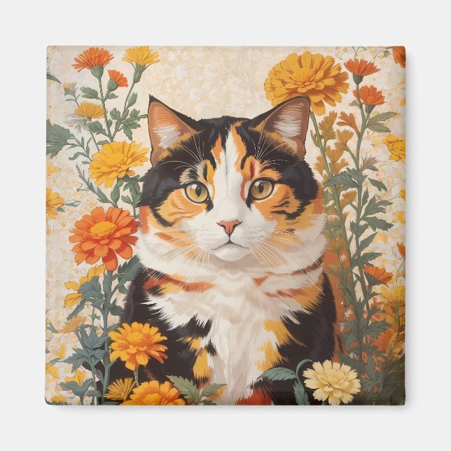 Íman Linda Gato Calico Com Flores Marigold (Frente)
