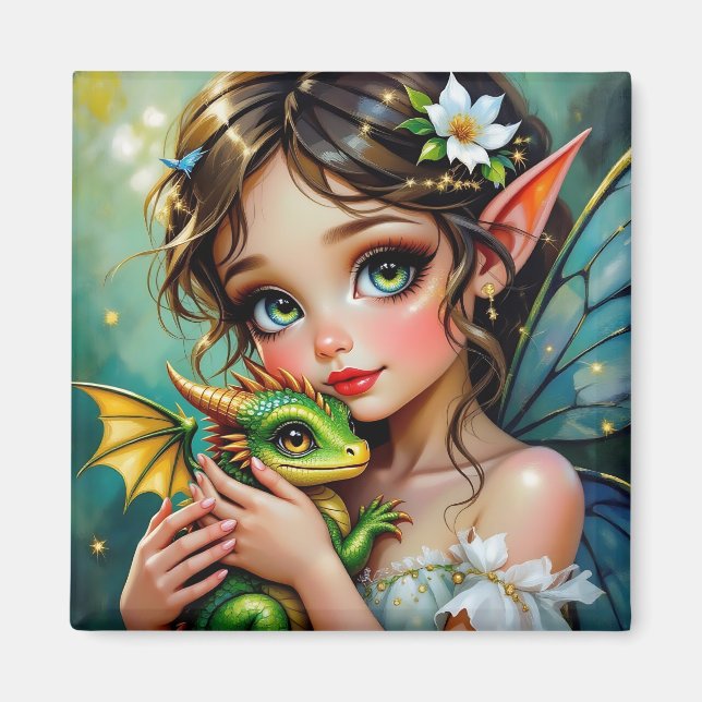 Íman Linda Menina com Tema de Fada e Dragão  (Frente)