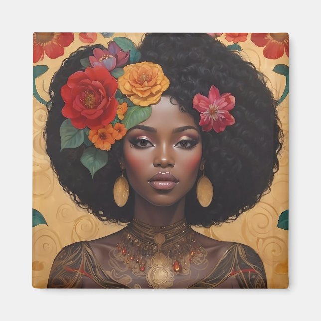 Íman Linda Mulher Afro-Americana Com Flores (Frente)