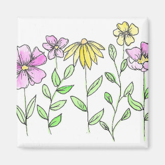 Íman Lindas Flores Cor-de-Rosa e Amarelas em Aquarela