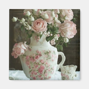 Íman Lindas Rosas Cor-de-Rosa em Velho Antigo Bule de C