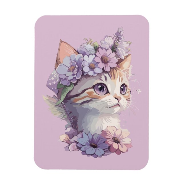 Íman Lindo Gato Violeta Aquarela com Flora (Vertical)
