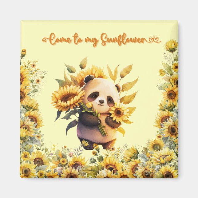 Íman Lindo Panda Segurando Girassóis | ímã Quadrado (Frente)