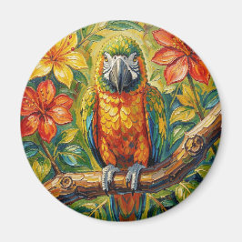 Íman Lindo Papagaio Colorido com Impasto e Flor Tropica