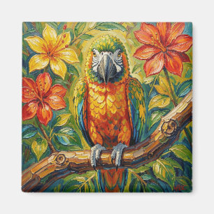 Íman Lindo Papagaio Colorido com Impasto e Flor Tropica
