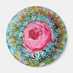 Íman LINDO PINK ROSE E BLUE FLOWERS Monograma