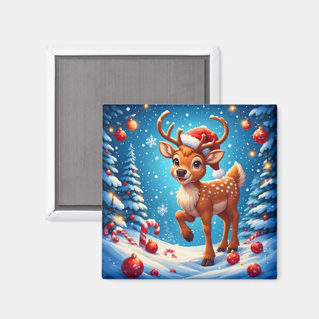 Íman Lindos Canudos de Açúcar Rena de Natal com Chapéu  (Front/Back)