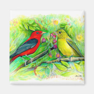 Íman Lindos Scarlet Tanagers Watercolor Painting