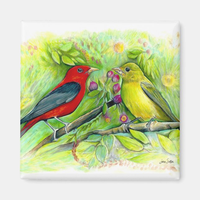 Íman Lindos Scarlet Tanagers Watercolor Painting (Frente)