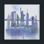 Íman Linha do horizonte de Nova Iorque - Azul-Aquarela<br><div class="desc">NY Skyline Watercolor Splash Blue por Fab Funky. Apresenta marcas de Nova Iorque famosas no estilo de aquarela.</div>