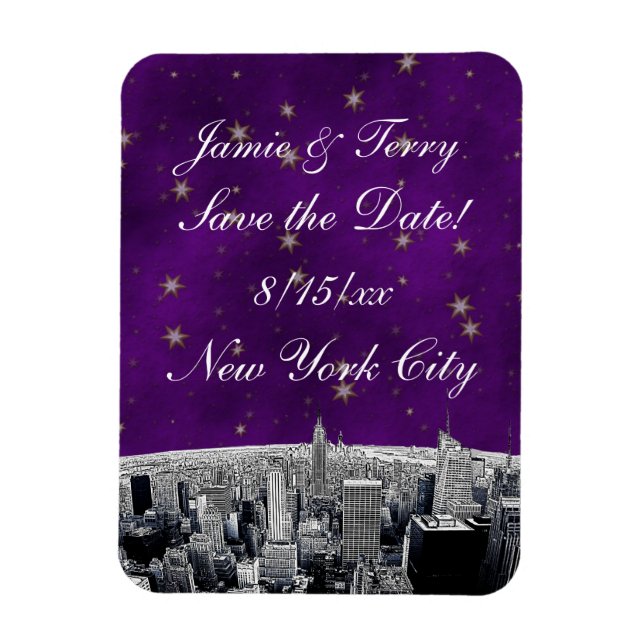 Íman Linha do Horizonte de NYC Gravada 2 Roxo Estrela D (Vertical)