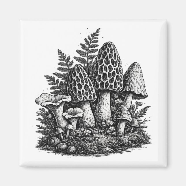 Íman Linocut de cogumelos florestais vintage (Frente)