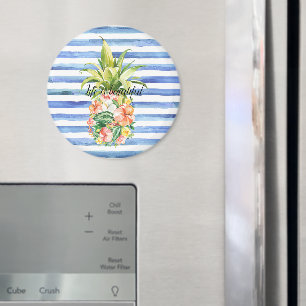 Íman Listras Brancas Azuis Floral Tropical Abacaxi