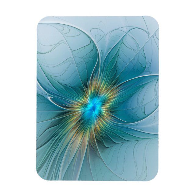 Íman Little Beauty Modern Blue Gold Fractal Art Flower (Vertical)