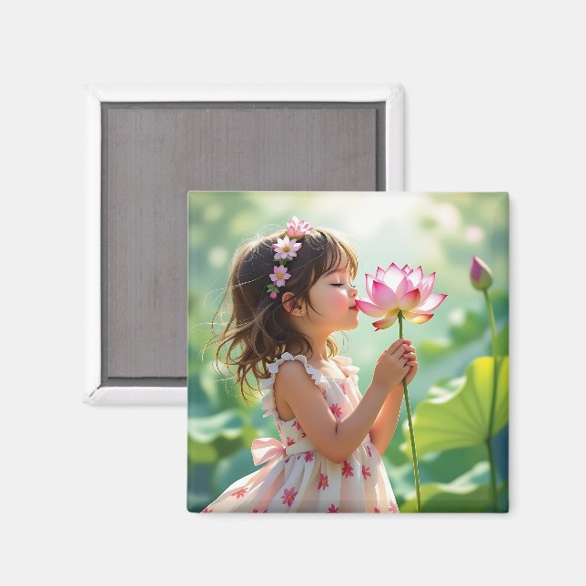 Íman Little Girl Smelling a Pink Rose Personalized (Front/Back)
