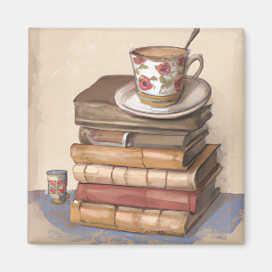 Íman Livros Antigos e uma Xícara de Café