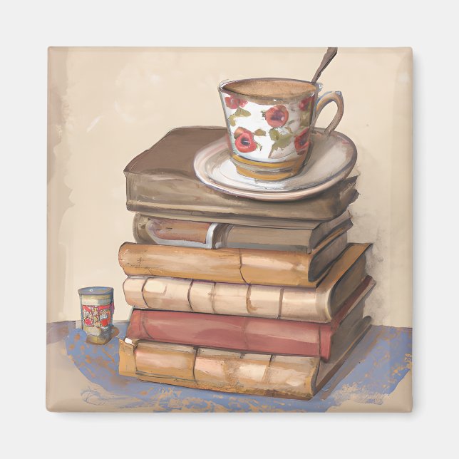 Íman Livros Antigos e uma Xícara de Café (Frente)
