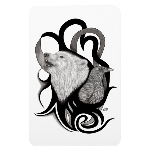 Íman Lobo Branco com Arte Tribal Raven (Vertical)