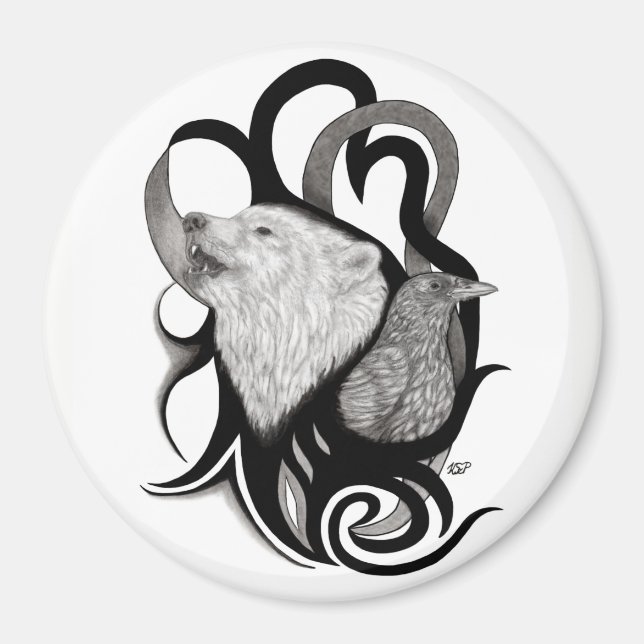 Íman Lobo Branco com Arte Tribal Raven (Frente)