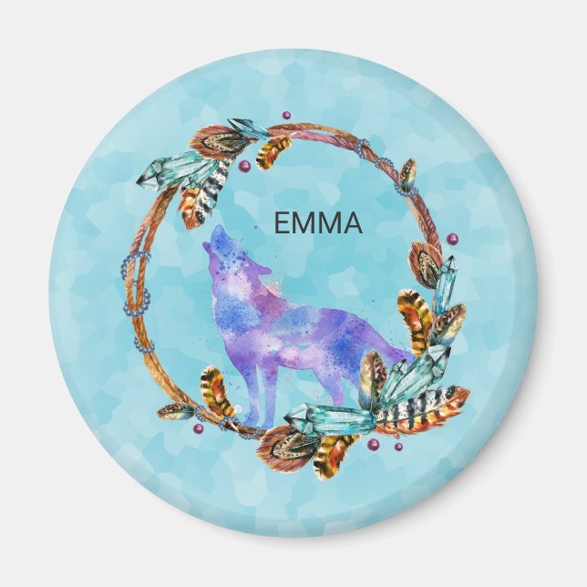 Íman Lobo de Aquarela com Boho Style e Wreath Personali (Frente)