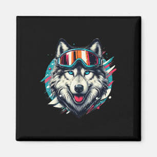 Íman Lobo Usando Óculos de Esqui Snowboard Lobo Esquian