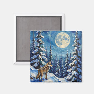 Íman Lobo Vintage na Floresta de Inverno ao Luar Natal