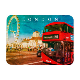 Íman London red bus e London Eye View imã de geladeira