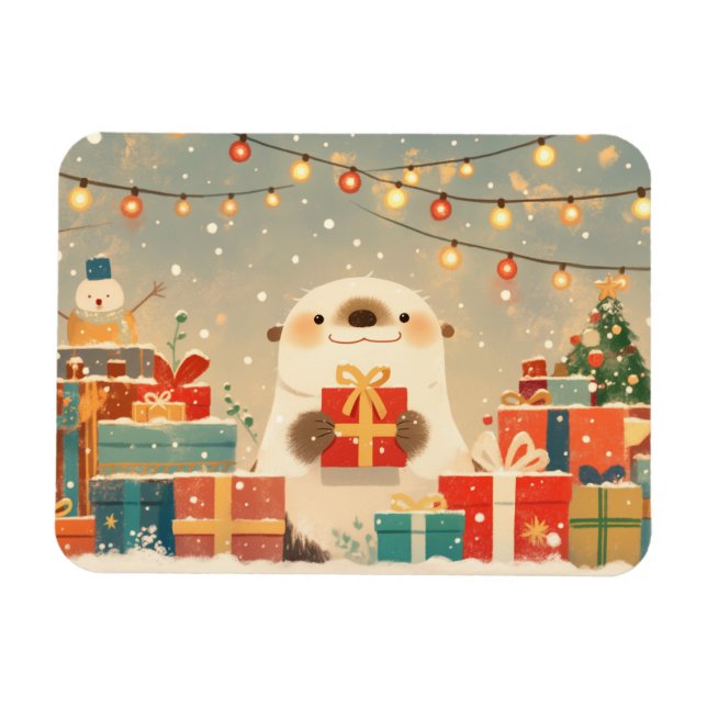 Íman Lontra Fofa com Presentes de Natal (Horizontal)